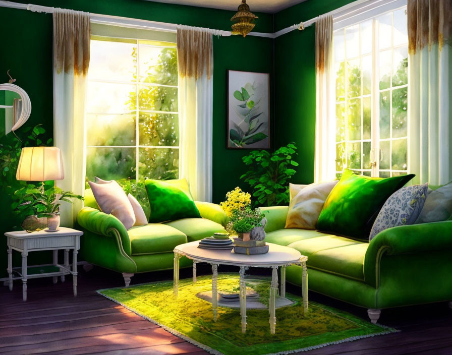 Green velvet sofa, rug, white table in cozy living room with large windows.