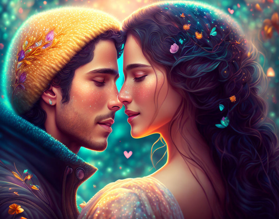 Romantic couple in magical setting with glowing particles and butterflies