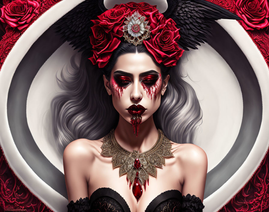 Gothic fantasy woman with red and black makeup and ornate headdress