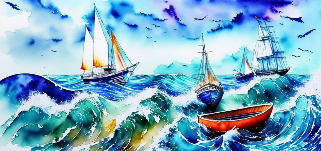 Colorful Watercolor Painting of Sailboats on Rolling Waves and Sky with Birds