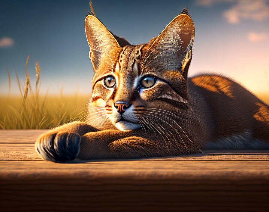 Realistic Digital Illustration of Orange Tabby Cat with Blue Eyes on Wooden Surface