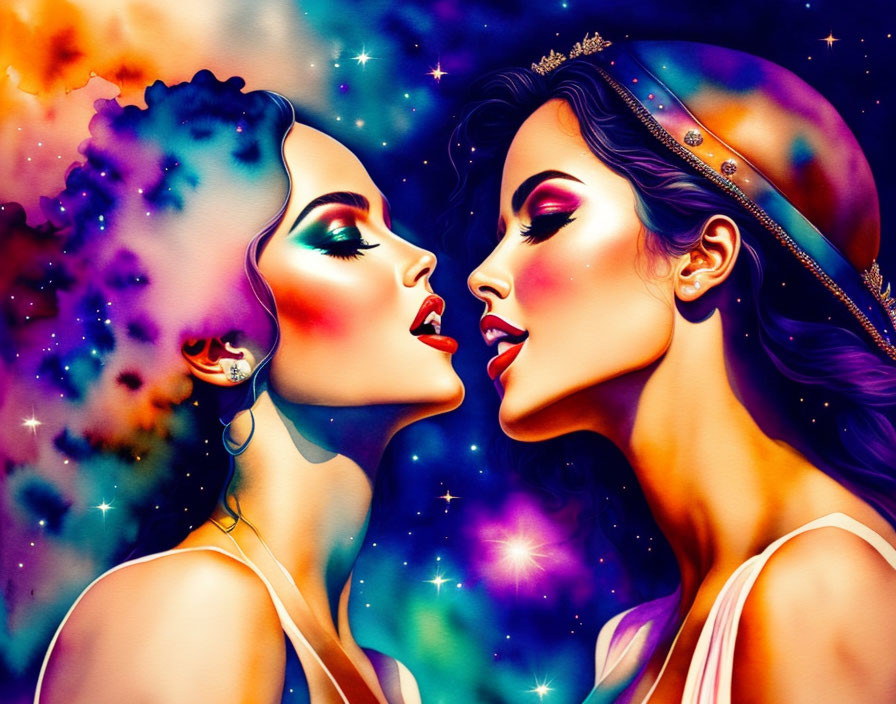 Cosmic-themed digital art of two stylized women in vibrant colors