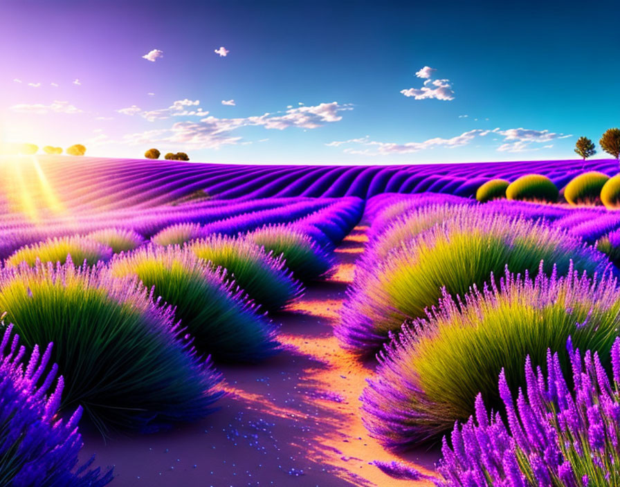 Lavender Fields at Sunset with Purple Sky