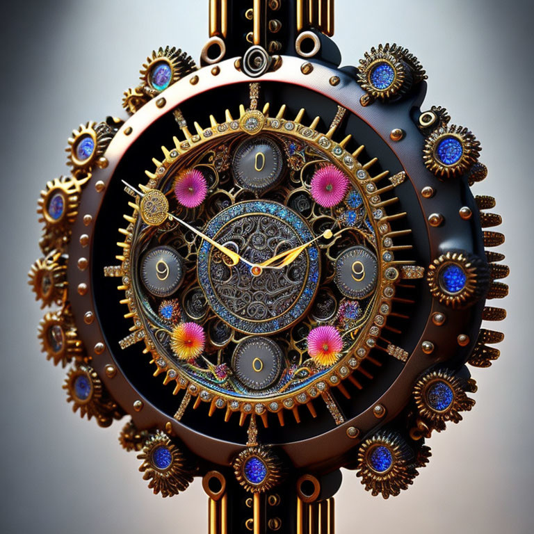 Intricate Steampunk-Style Clock with Gears and Colorful Details