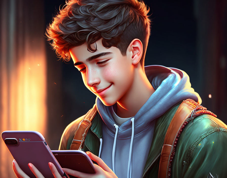 Young man with curly hair smiling at phone in digital illustration