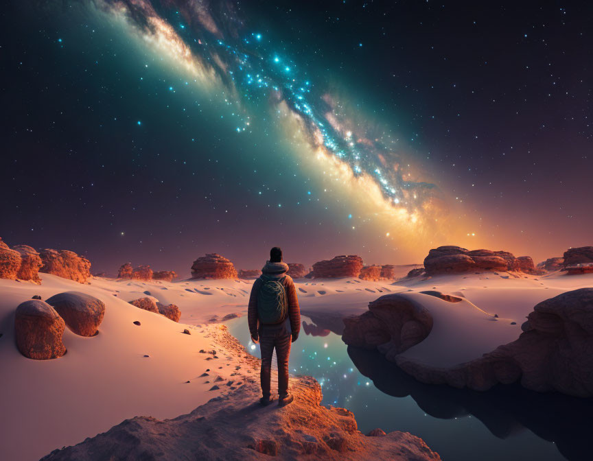 Person admiring Milky Way over rocky desert landscape at night