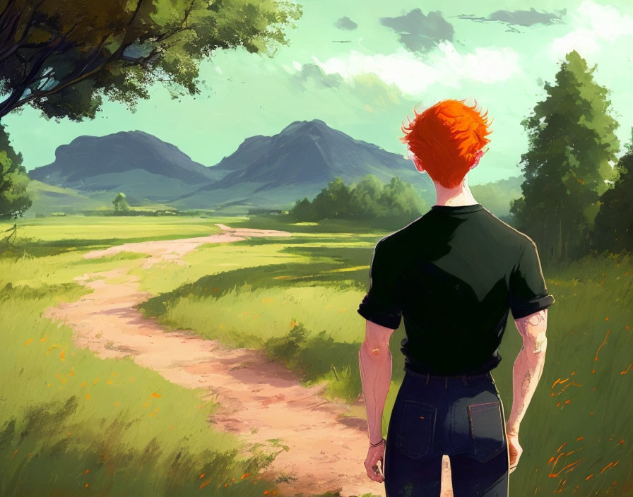 Red-haired person at the start of a winding path in a green meadow with mountains and clear sky