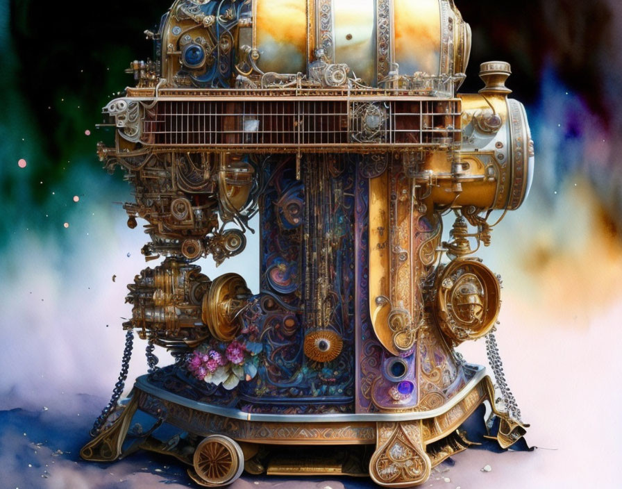 Intricate Steampunk-style Machine with Gears and Pipes