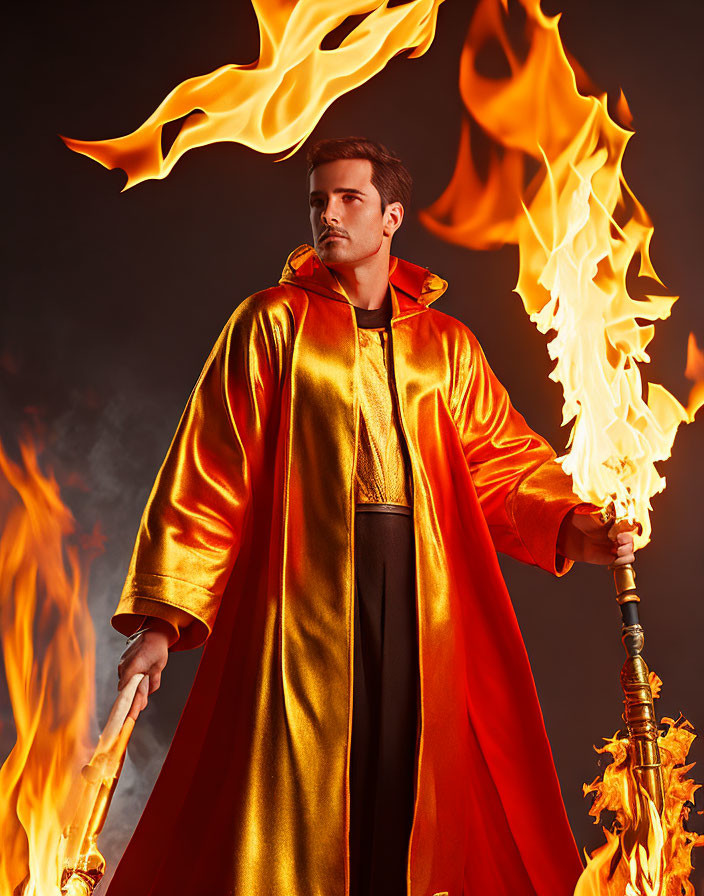 Person in Red and Gold Cloak with Flaming Staff in Fiery Scene