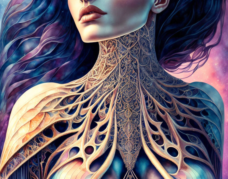 Digital Artwork: Woman with Purple Hair & Golden Armor Neckpiece