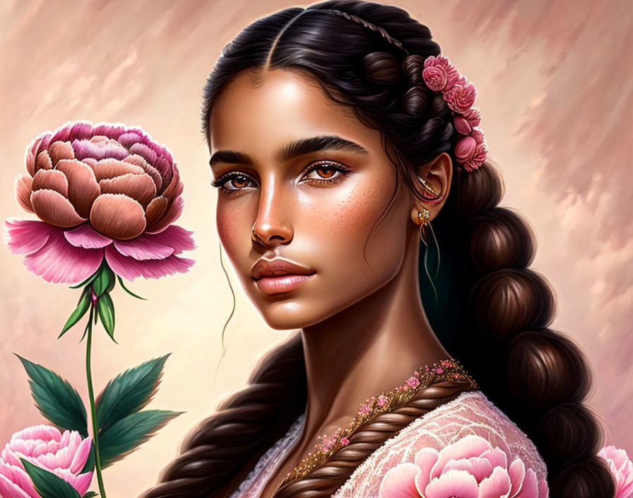 Digital illustration: Woman with braided hair, pink flowers, freckles, floral earring,