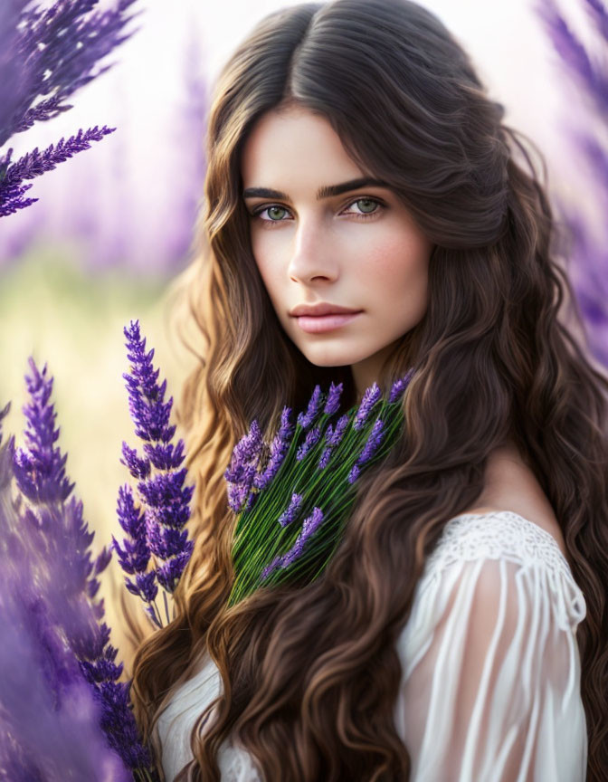 Woman with Long Wavy Brown Hair Surrounded by Purple Lavender Flowers