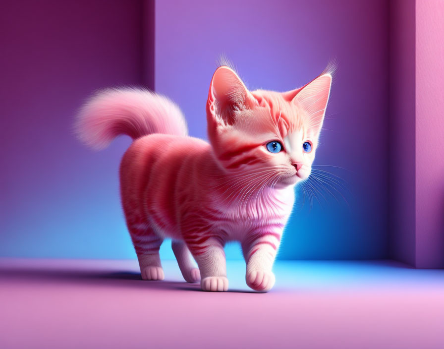 Orange Striped Kitten with Blue Eyes on Purple Background