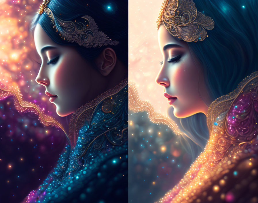 Split image of woman with ornate headdress against cosmic backdrop