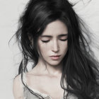 Digital painting of a woman with windswept black hair and closed eyes on pale background