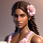 Detailed 3D render: Woman with braided hair and pink flower, soft lighting, skin texture