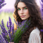 Woman with Long Wavy Brown Hair Surrounded by Purple Lavender Flowers