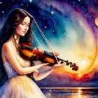 Woman playing violin by lakeside at sunset with cosmic sky