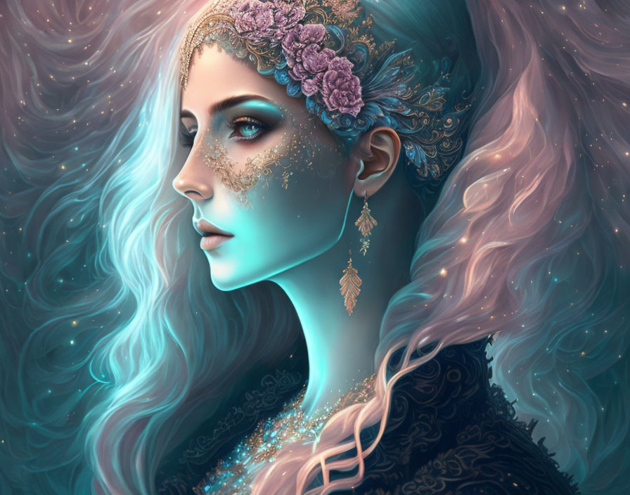 Digital artwork: Woman with flowing blue hair and floral crown