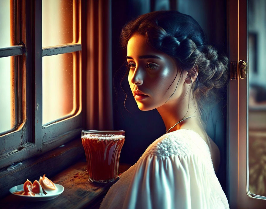 Braided hair woman gazes out window at dusk with snacks