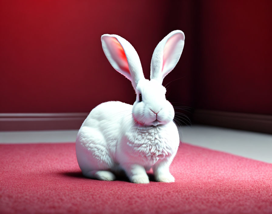 White Rabbit with Pink Ears on Red Carpet Against Deep Red Background