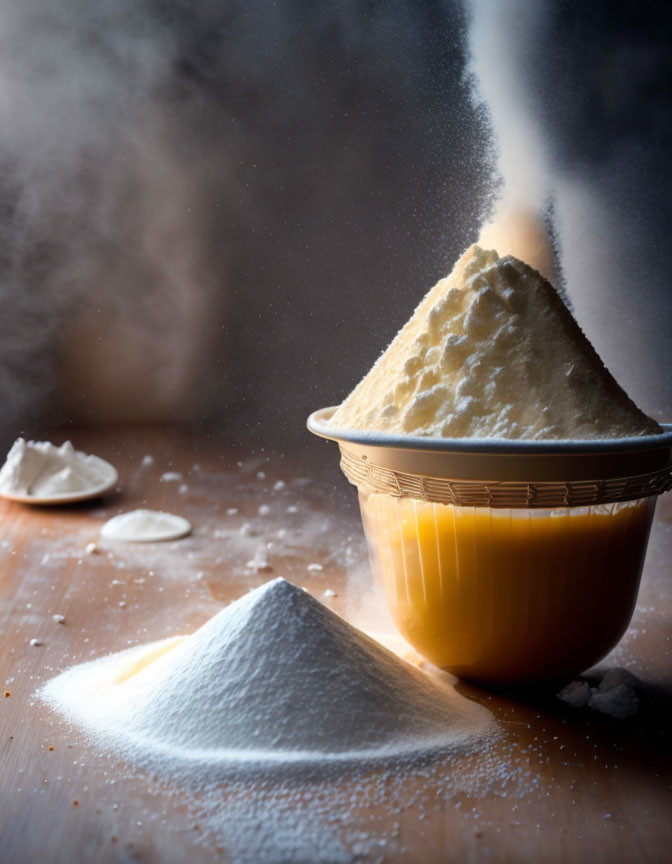 Sifted Flour Mound with Dust Cloud and Sieve on Wooden Surface