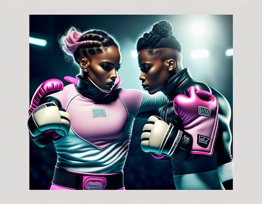 Female boxers in futuristic pink and purple gear in intense stare-down.