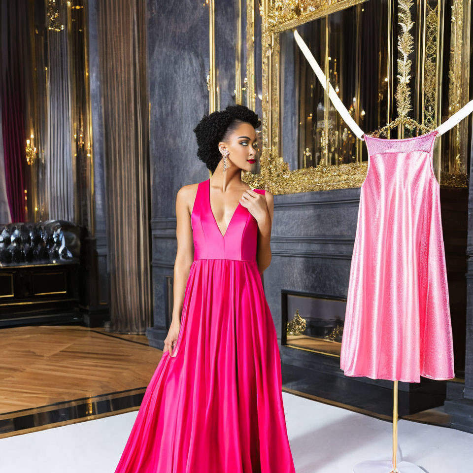 Woman in Pink Gown Contemplating Mannequin in Elegant Room