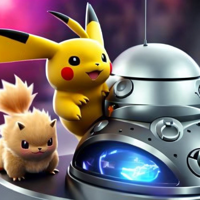 Pikachu and Eevee on Robot's Head in Art