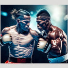 Female boxers in futuristic pink and purple gear in intense stare-down.