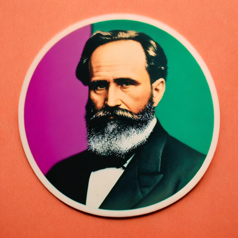 Colorful portrait of bearded man on round canvas with split complementary colors