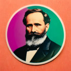 Colorful portrait of bearded man on round canvas with split complementary colors