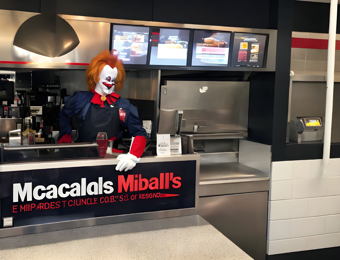 Clown costume person behind fast-food counter with altered logos