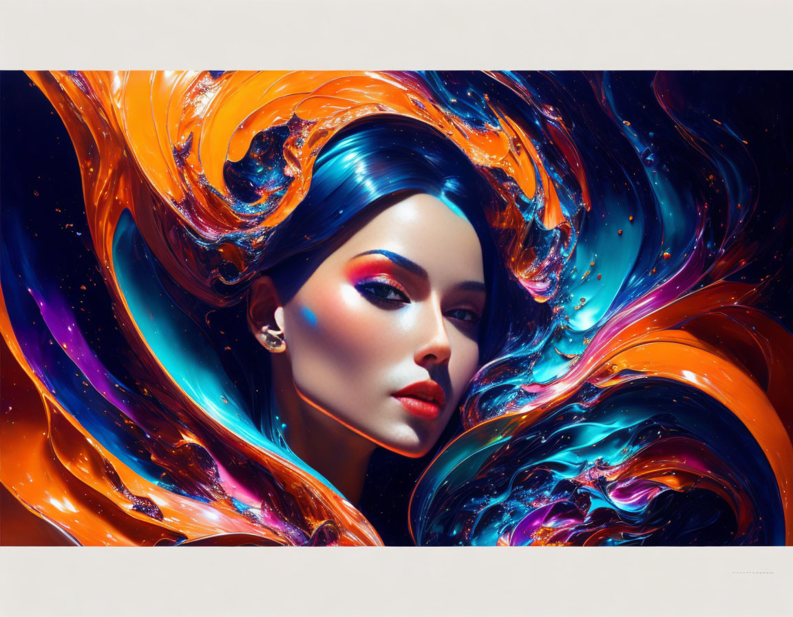 Colorful digital artwork: Woman with flowing hair in abstract swirl