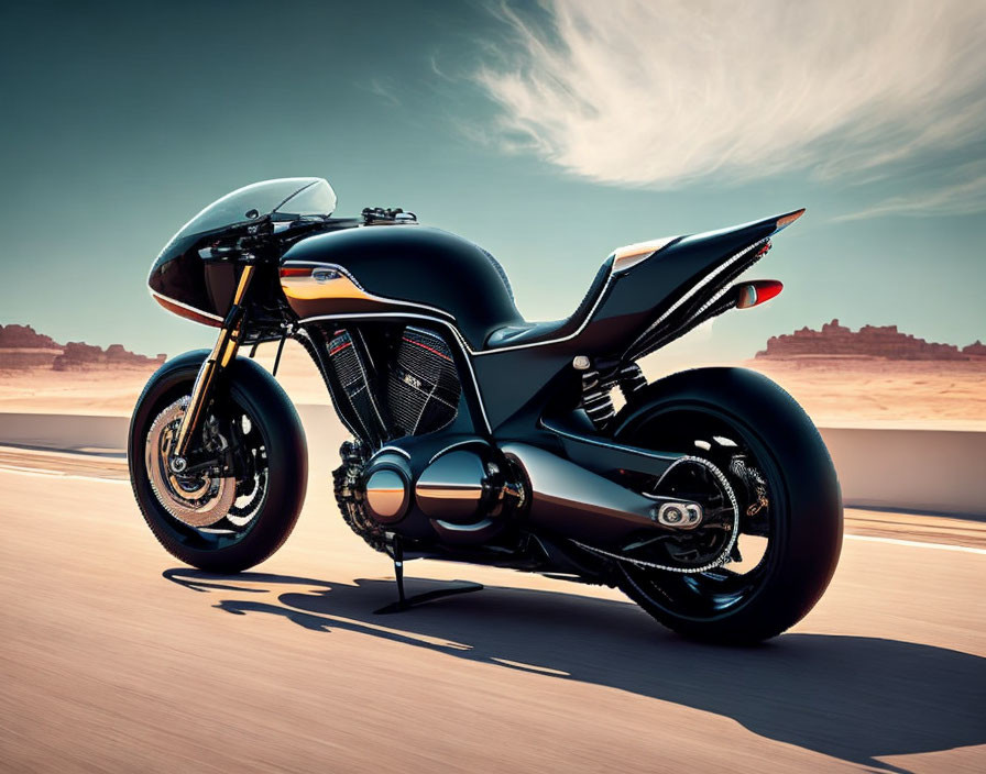 Black Future-Inspired Motorcycle with Silver Engine in Desert Setting