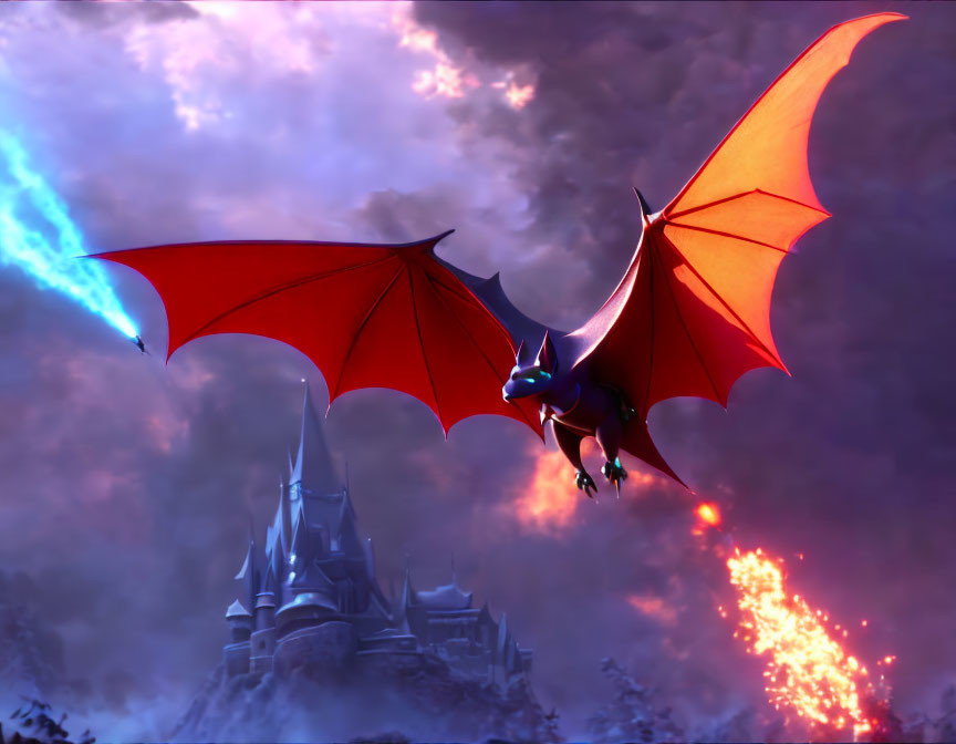 Red-Winged Dragon Flying Over Castle in Purple Sky