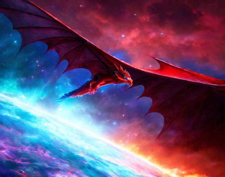 Colorful Cosmic Dragon Soaring with Outstretched Wings