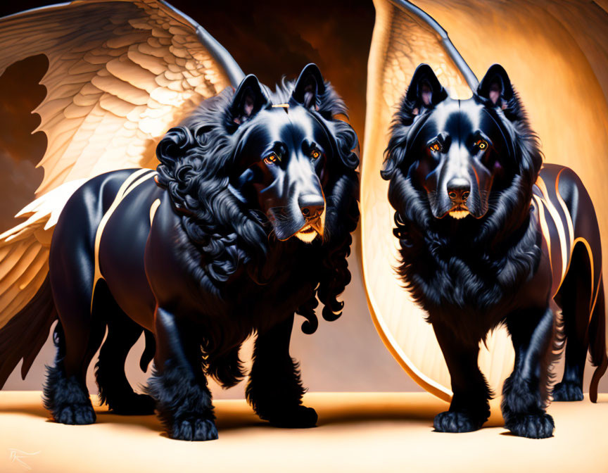 Stylized black dogs with glossy fur and majestic wings on warm amber background