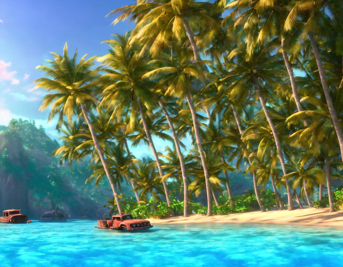 Tranquil Tropical Beach with Palm Trees and Boats