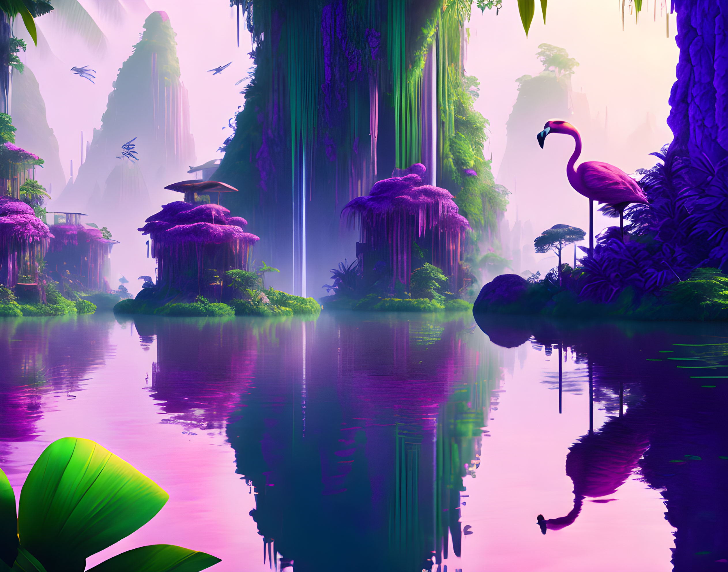 Fantastical landscape with pink foliage, flamingo, and waterfalls