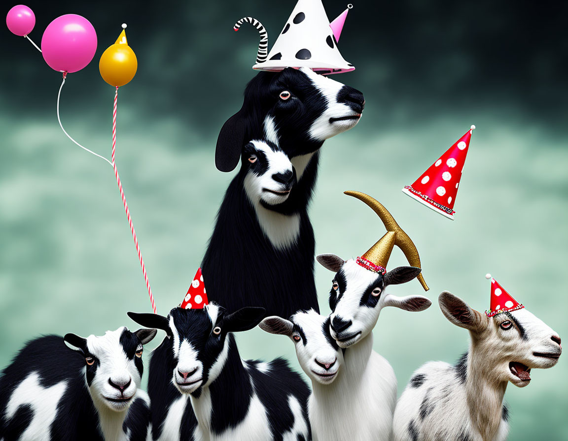 Colorful Party Hats on Five Goats with Balloons in Gray Setting