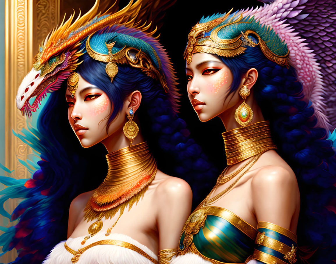 Two women in gold and feather headdresses with dragon-like creature and striking makeup.