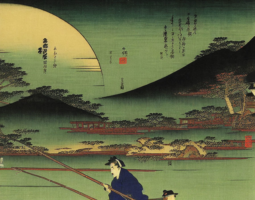 Japanese Edo Period Woodblock Print: Man Fishing by River, Yellow Moon, Traditional Houses, Mountain