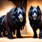 Stylized black dogs with glossy fur and majestic wings on warm amber background