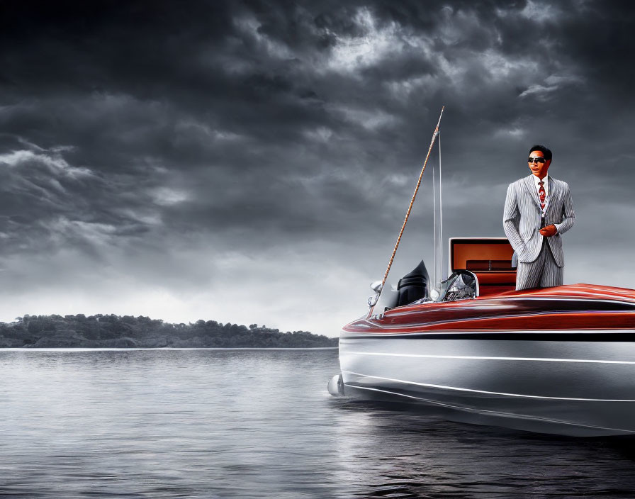 Stylish man in sunglasses on boat under dramatic sky