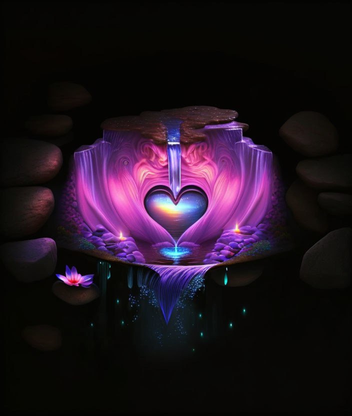 Surreal heart-shaped waterfall with glowing rocks and purple hues