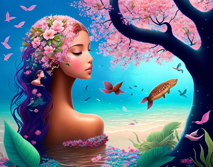 Colorful illustration: Woman with blue hair, flying fish, cherry blossoms in vibrant scene