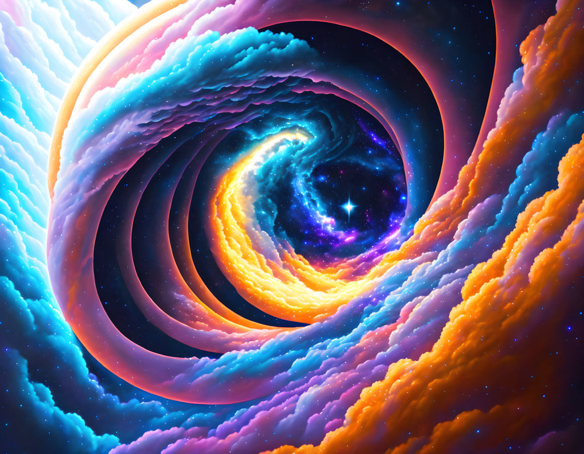 Colorful cosmic spiral artwork with blue, purple, and orange hues