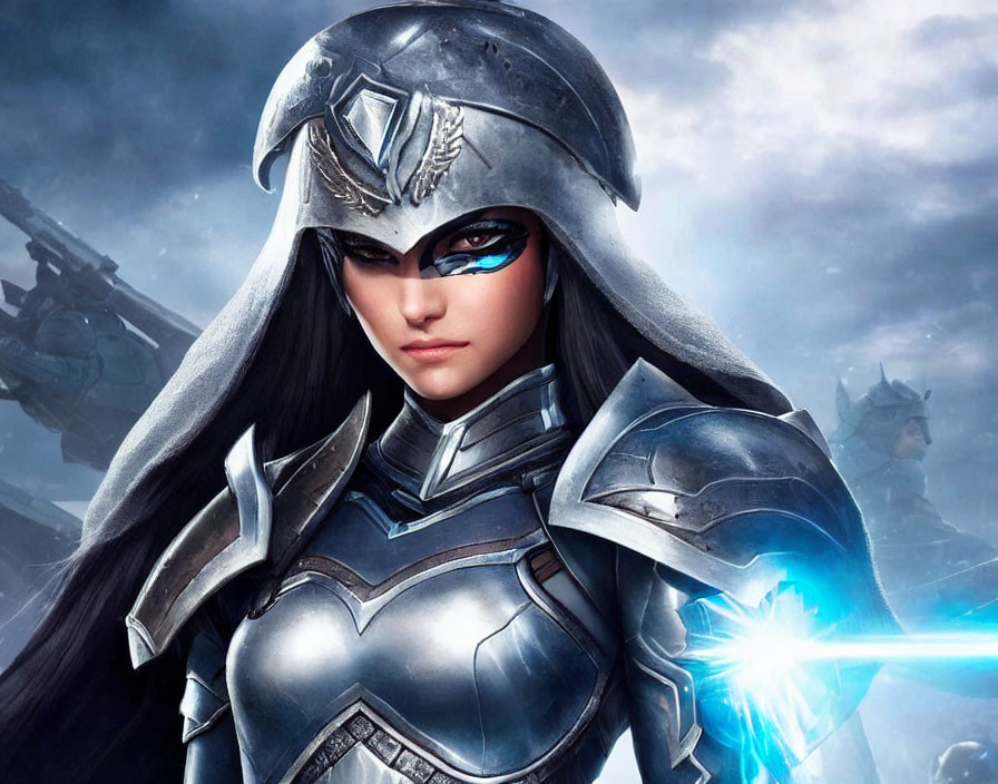 Female warrior in ornate armor with glowing blue eye effect and steel helmet against moody sky.