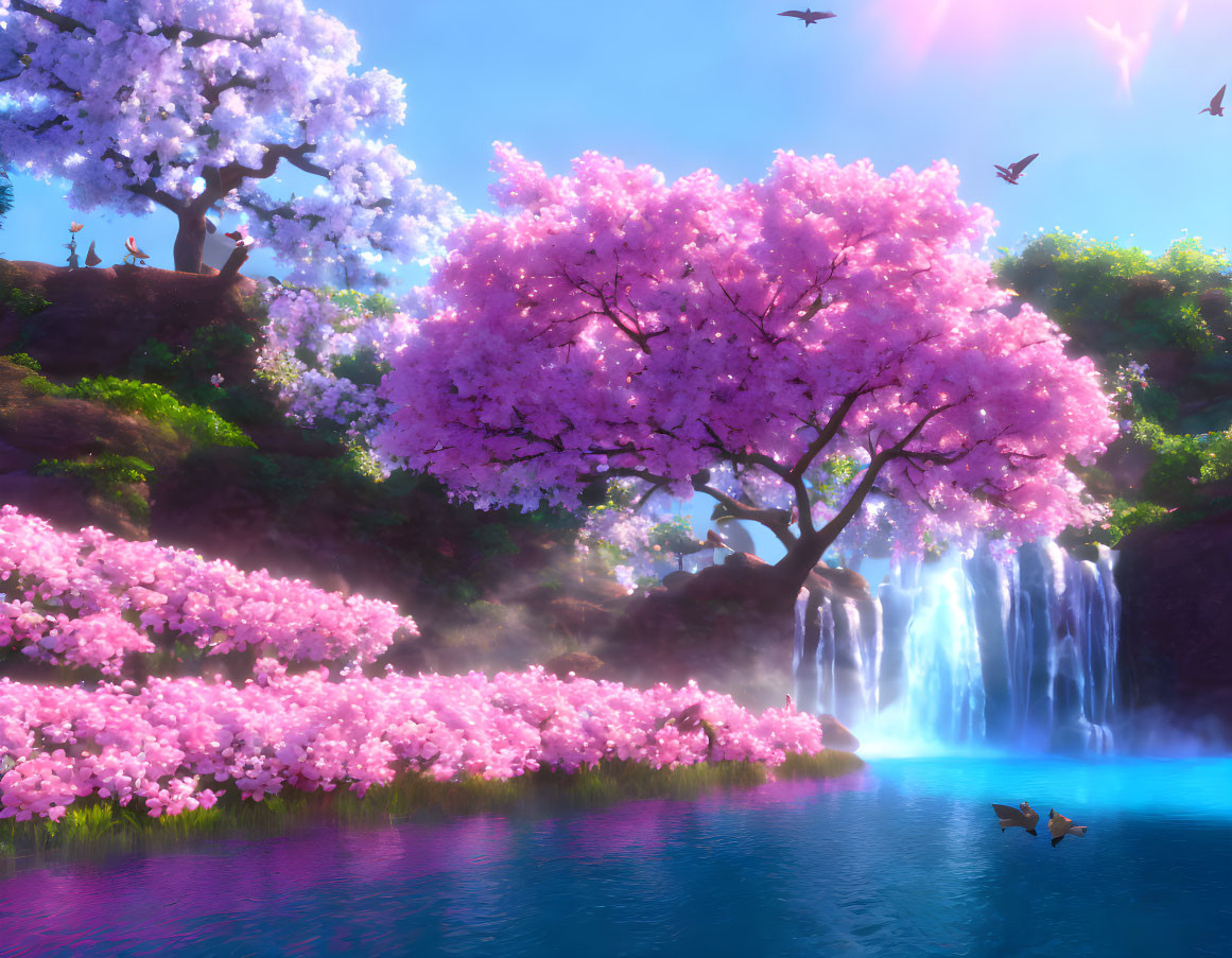 Digital artwork: Pink cherry blossoms near blue river with waterfalls, birds, and sunlight.